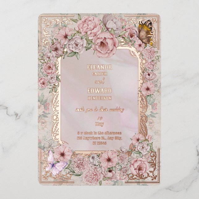 Vintage Blush Peony Wedding Foil Invitation (Front)