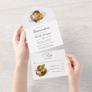 Vintage Blush Pink and Gold Floral Quinceañera All In One Invitation