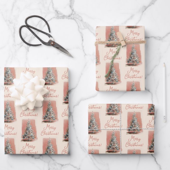 Vintage Blush Pink Christmas Tree Wrapping Paper Sheet (Front)