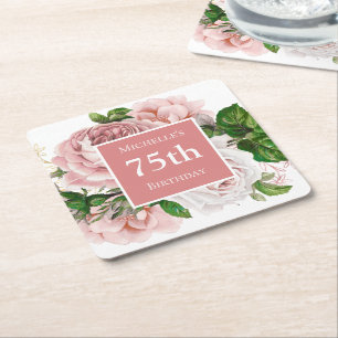 Vintage Blush Pink Floral 75th Birthday Party Square Paper Coaster
