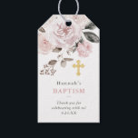 Vintage Blush Pink Floral and Gold Cross | Baptism Gift Tags<br><div class="desc">These sweet and elegant religious Baptism or Christening gift tags feature a muted, vintage look blush pink bouquet with watercolor peonies and roses, and dark grey foliage and leaves, on a white background. A faux gold look cross is also featured, and the back of the tag is a soft blush...</div>