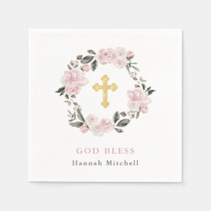 Vintage Blush Pink Floral and Gold Cross   Baptism Napkin
