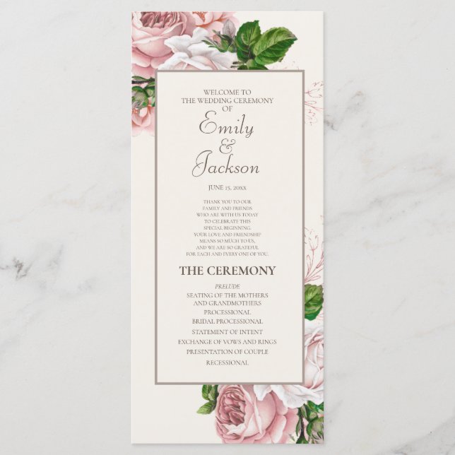 Vintage Blush Pink Floral Cream Wedding Program (Front)