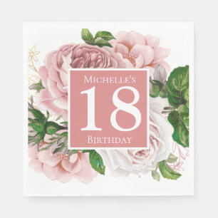 Vintage Blush Pink Floral Greenery 18th Birthday Napkin