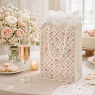 Vintage Blush Pink Floral Lattice Pattern Medium Gift Bag