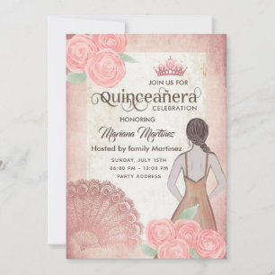 Vintage blush pink hand fan roses tiara Quince Invitation