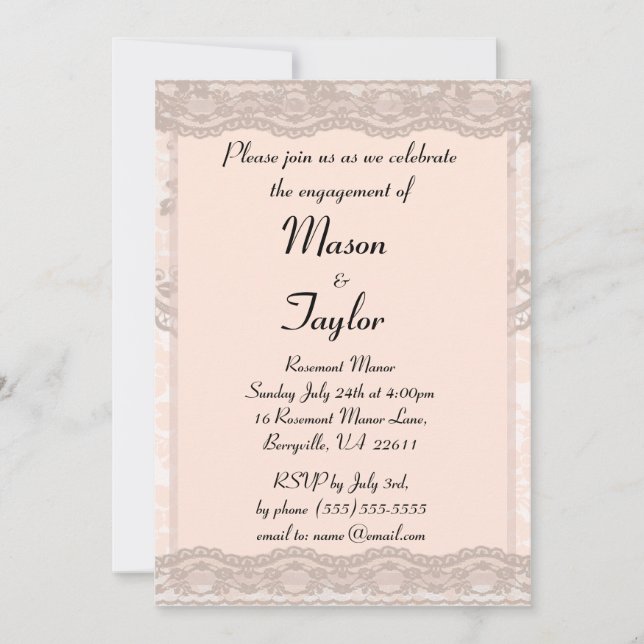Vintage Blush Pink Lace Engagement Party Invitation (Front)