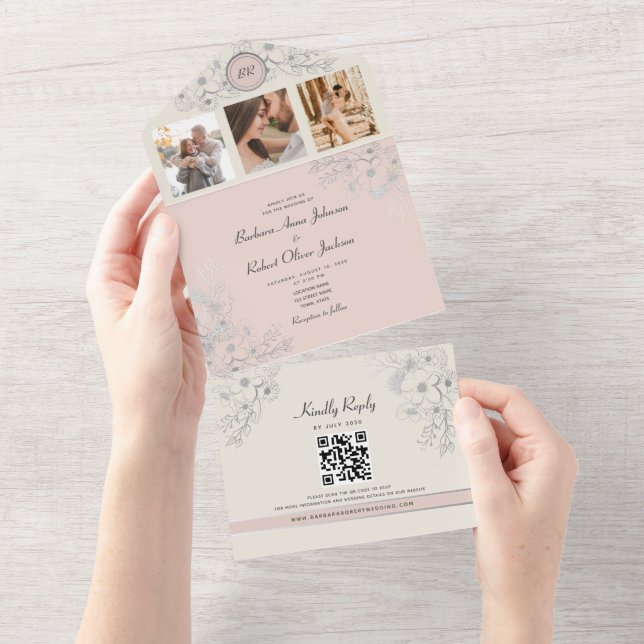 Vintage Blush Pink Photo Wedding All In One Invitation (Tearaway)