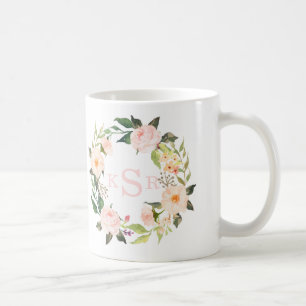 Vintage Blush Pink Roses Floral Wreath Monogrammed Coffee Mug