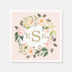 Vintage Blush Pink Roses Floral Wreath Monogrammed Napkin