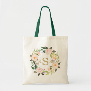 Vintage Blush Pink Roses Floral Wreath Monogrammed Tote Bag
