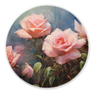 Vintage Blush Pink Roses Painting Ceramic Knob