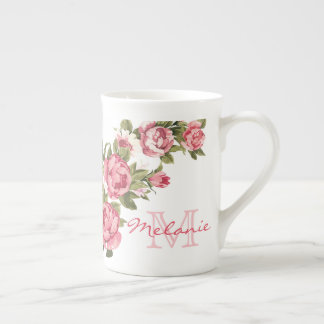 Vintage blush pink roses Peonies name, monogram Bone China Mug