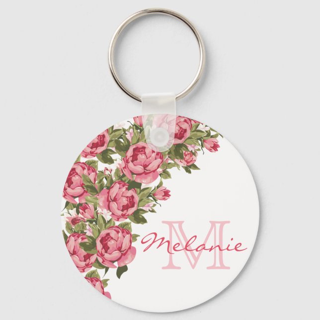 Vintage blush pink roses Peonies name, monogram Keychain (Front)