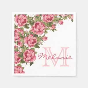 Vintage blush pink roses Peonies name, monogram Napkin