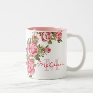 Vintage blush pink roses Peonies name, monogram Two-Tone Coffee Mug