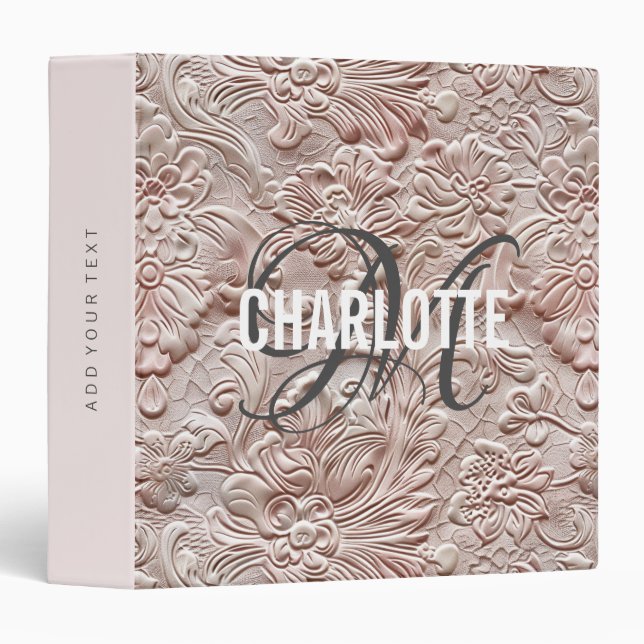 Vintage blush pink tooled leather monogram name binder (Front/Spine)
