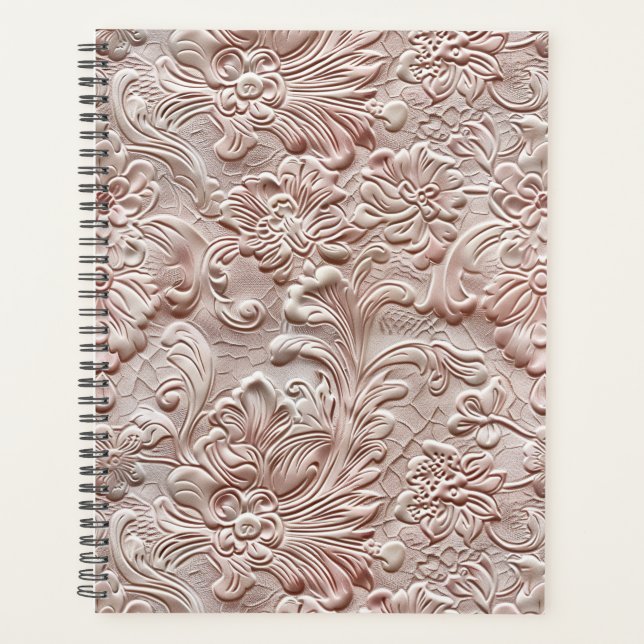Vintage blush pink tooled leather  planner (Front)