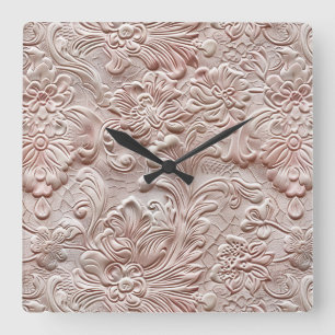 Vintage blush pink tooled leather square wall clock