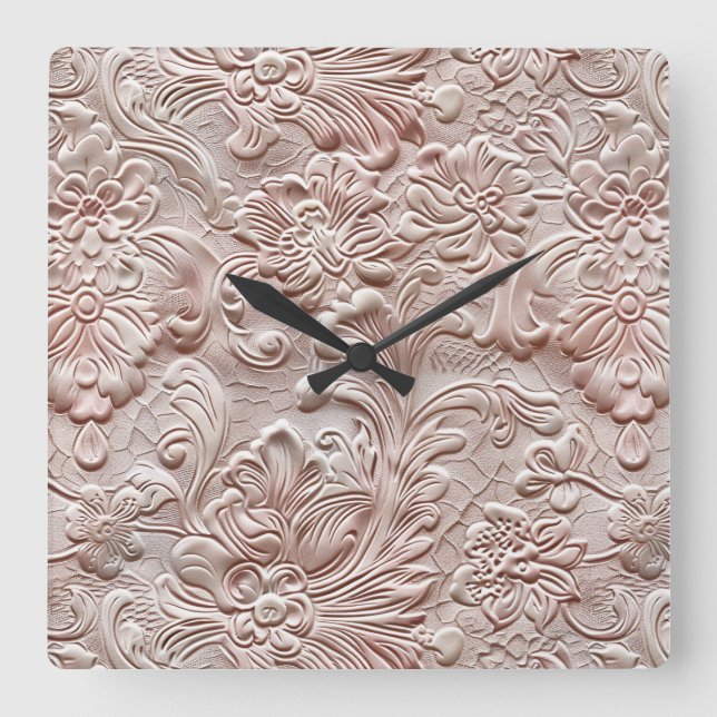 Vintage blush pink tooled leather square wall clock (Front)