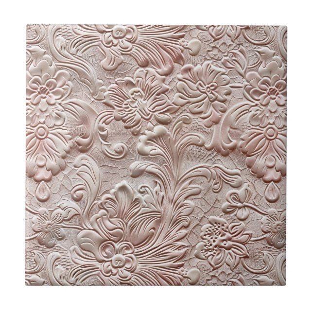 Vintage blush pink tooled leather tile (Front)