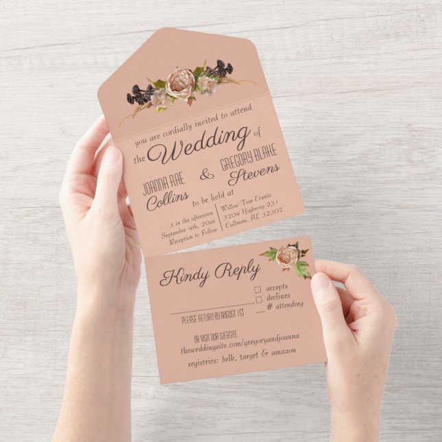 Vintage Blush & Plum Floral Wedding Invitation (Tearaway)
