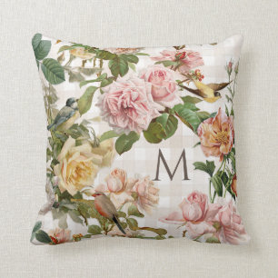 Vintage Blush Rose Floral Elegant French w Birds Throw Pillow