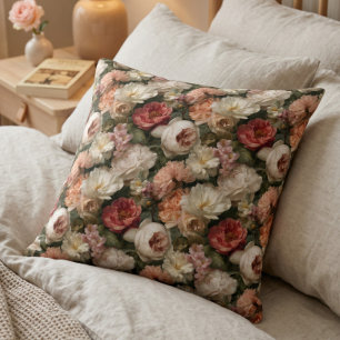 Vintage Blush Rose Floral Garden Pattern Throw Pillow
