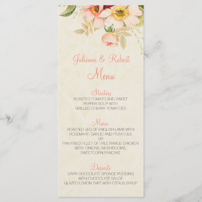 Vintage Blush Rose Floral Mariage Menu (Devant)