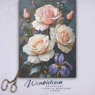 Vintage Blush Roses & Iris Decoupage Art Tissue Paper