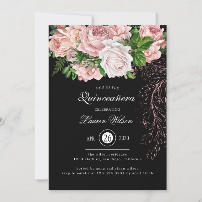 Vintage Blush Roses on Black Quinceanera Invitation (Front)