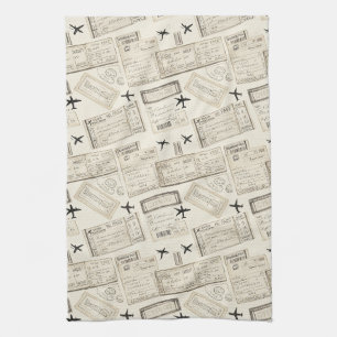 Vintage Boarding Pass Travel Pattern Kitchen Towel