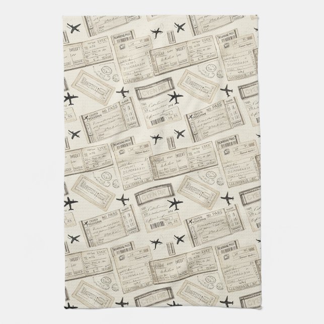Vintage Boarding Pass Travel Pattern Kitchen Towel (Vertical)