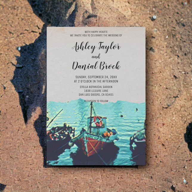 Vintage boats navy seaside destination wedding invitation (Creator Uploaded)