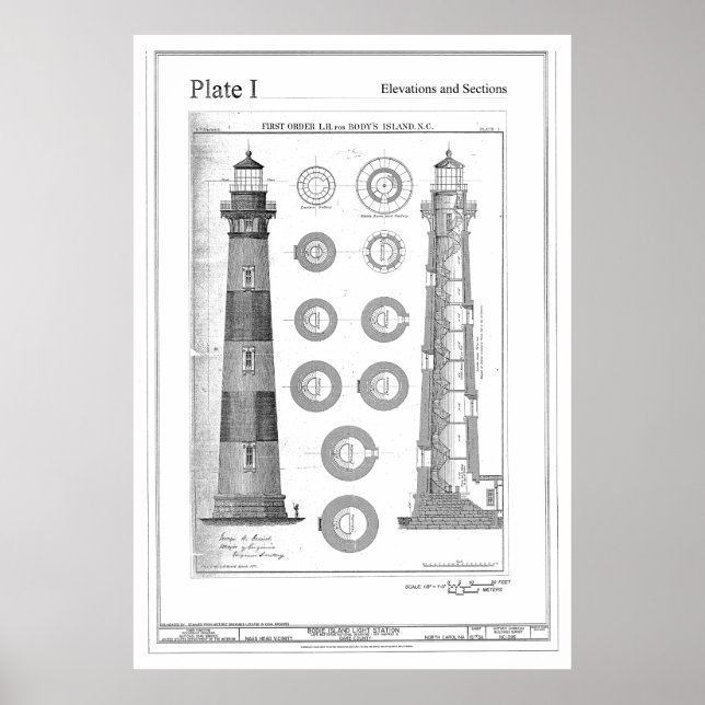Vintage Bodie Island Lighthouse Diagram Poster (Front)
