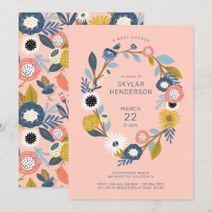 Vintage Bohemian Floral Wreath Baby Bird Shower Invitation