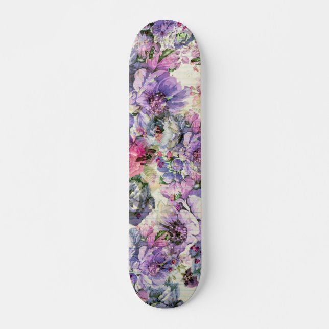 Vintage bohemian pink lavender floral illustration skateboard (Front)