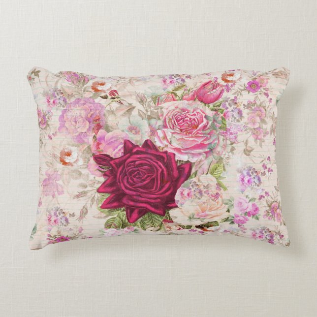 Vintage bohemian pink lavender roses flowers accent pillow (Front)
