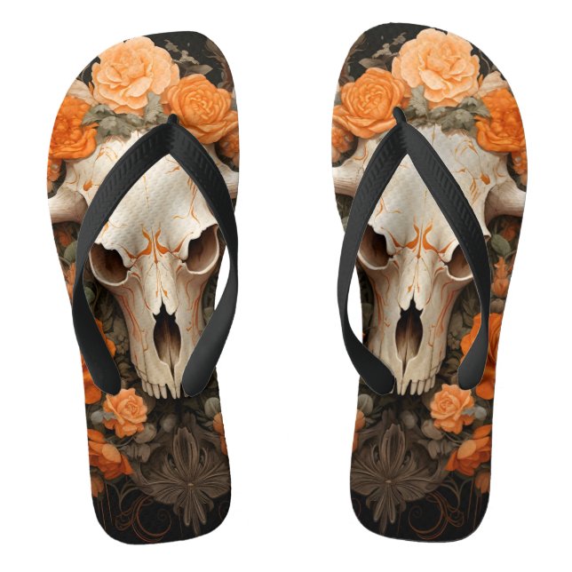 Vintage Bohemian Sugar Skull Bloom Flip Flops (Footbed)