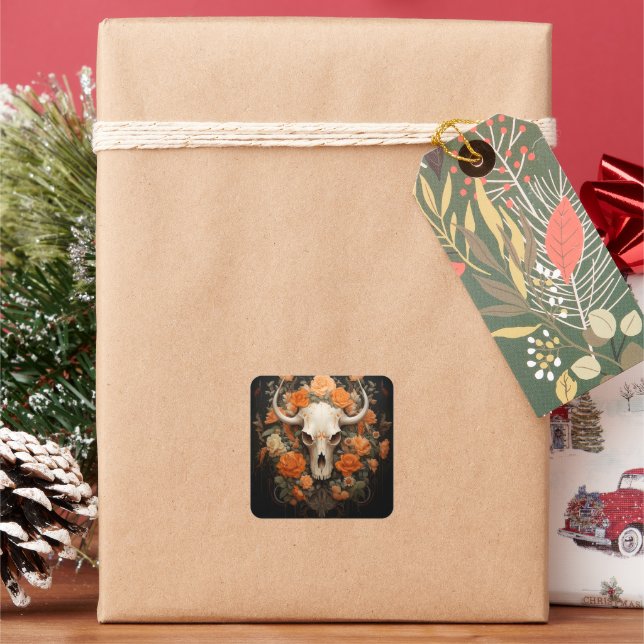 Vintage Bohemian Sugar Skull Bloom Square Sticker (Holiday)