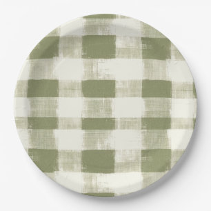 Vintage Bohemian Watercolor Plaid in Moss Green Paper Plate