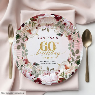 Vintage Boho Burgundy Blush Gold Roses Plates