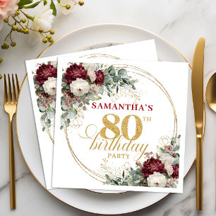 Vintage Boho Burgundy Floral 80th Birthday Napkins