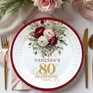 Vintage Boho Burgundy Floral 80th Birthday Paper Plate