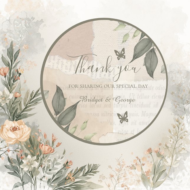 vintage boho chic greenery wedding classic round sticker (Creator Uploaded)