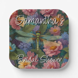 Vintage boho chic pastel floral garden dragonfly  paper plate
