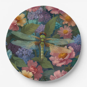 Vintage boho chic pastel floral garden dragonfly  paper plate