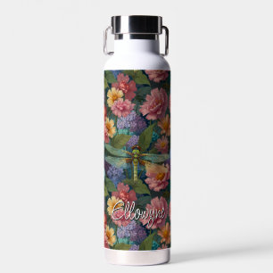 Vintage boho chic pastel floral garden dragonfly  water bottle