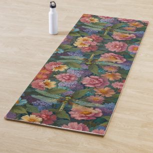 Vintage boho chic pastel floral garden dragonfly  yoga mat