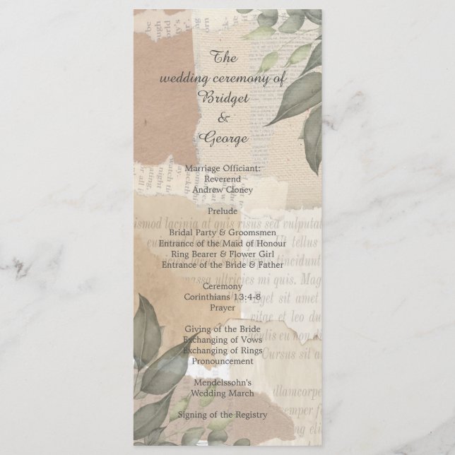 vintage boho chic vert menu & programme (Dos)